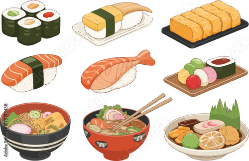 Japanese Food Vector Set Sushi, Ramen, Tempura, and Traditional Cuisine