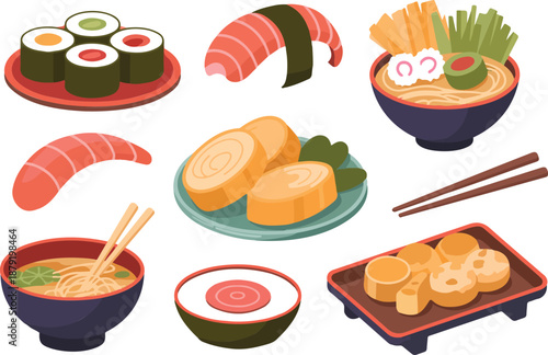 Japanese Food Vector Set Sushi, Ramen, Tempura, and Traditional Cuisine