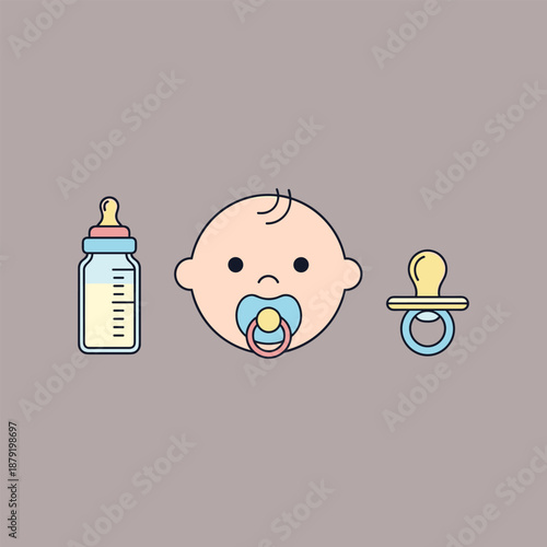 A baby's face with a pacifier in mouth alongside a bottle and pacifier on a neutral background from a frontal viewpoint