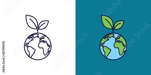 A split-screen illustration of the Earth with sprouting leaves, symbolizing global growth and renewal, set against contrasting backgrounds from different viewpoints