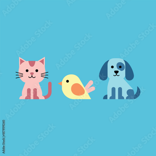 Adorable cat, bird, and dog sitting together in a friendly illustration on a blue background from a front viewpoint