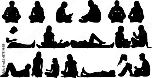 Silhouette people sitting and lying down, various human poses, casual posture illustration, flat vector artwork, diverse group scene, black art
