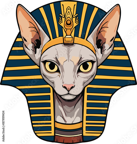 Sphynx Cat Pharaoh in Blue Gold Nemes with Winged Uraeus Vector