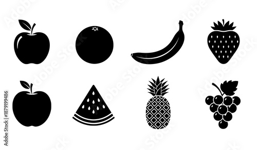 Black silhouette fresh fruit icons set with apple banana orange and pineapple vector