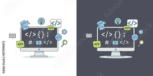 Computer monitor displaying coding symbols surrounded by various development icons on a dual background