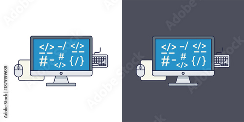 Dual computer monitors showcasing coding interface on blue screens with peripheral devices