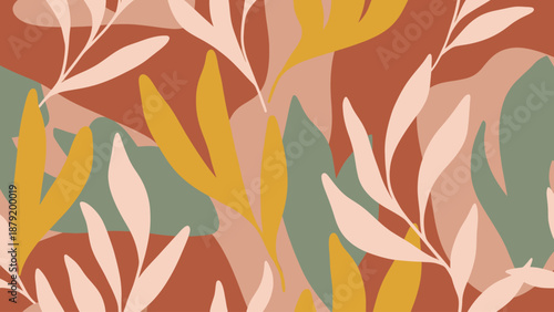 Abstract Botanical Pattern with Earthy Tones and Organic Shapes.