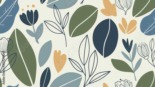 Abstract Botanical Pattern with Leaves and Flowers.