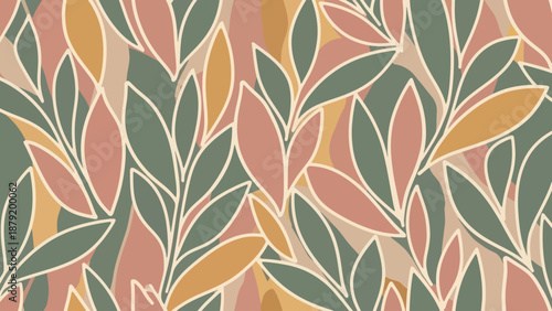 Abstract Botanical Pattern with Organic Leaf Shapes and Earthy Tones.