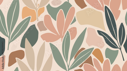 Abstract botanical pattern with muted earthy tones and organic shapes.