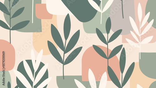 Abstract Botanical Pattern with Organic Shapes and Leaf Motifs.