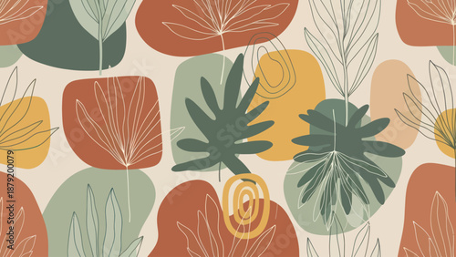 Abstract Botanical Pattern with Organic Shapes and Leaf Silhouettes.