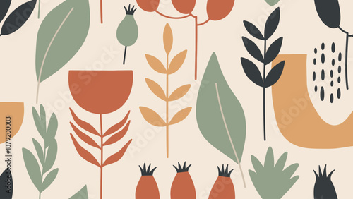 Abstract botanical pattern with organic shapes and muted earthy tones.