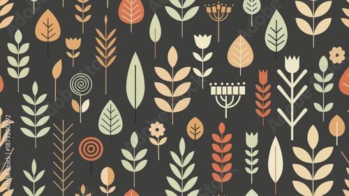 Abstract Botanical Pattern with Stylized Leaves and Flowers.