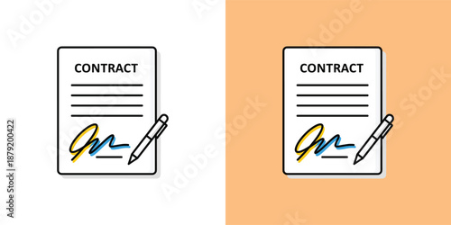 A contract document with a signature and pen beside it is displayed on a clean background from a direct viewpoint.