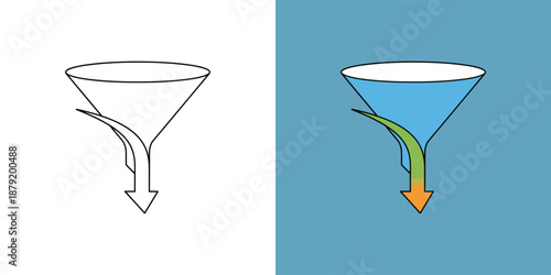 Illustration of a funnel with liquid flowing out against a white and blue background from a top-down viewpoint