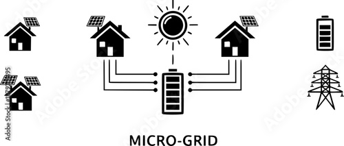 Sustainable Micro-Grid Solar Community and Renewable Energy Network, Eco-Friendly Smart City Concept, Black Vector Graphic Isolated on White