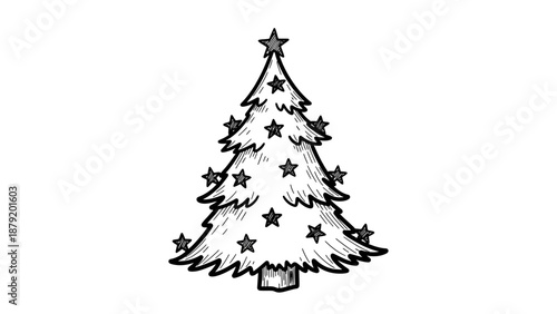 Hand drawn sketch of a decorated Christmas tree with stars.