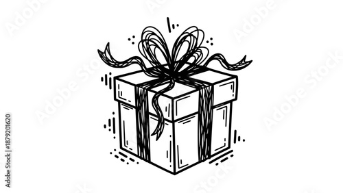 Hand Drawn Sketch of a Gift Box with Ribbon Bow.