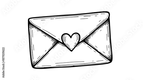 Hand drawn sketch of a love letter envelope with a heart seal.