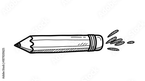 Hand drawn sketch of a pencil breaking apart with shavings flying off.