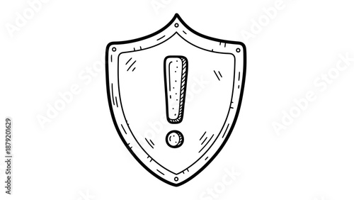 Hand drawn sketch of a shield with an exclamation mark inside.