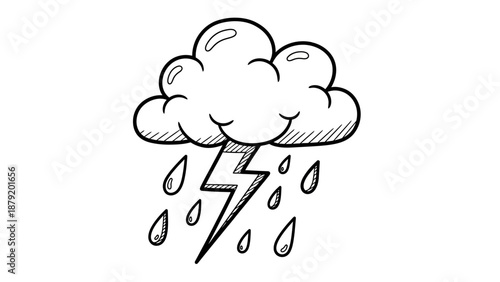 Hand drawn sketch of a stormy cloud with lightning and rain.