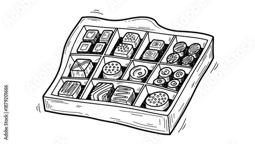 Hand Drawn Sketch of Assorted Chocolates in a Box.