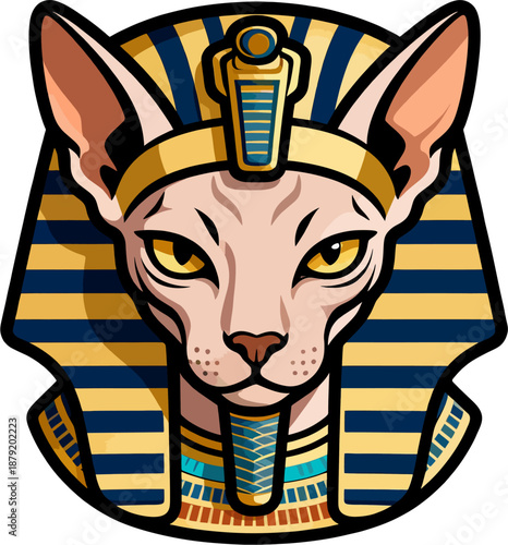 Fierce Sphynx Cat in Navy Gold Striped Nemes Headdress Vector Badge
