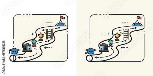 Illustration of a winding path with houses and flags from graduation to success, depicting journey and milestones in a simple, cartoonish style.