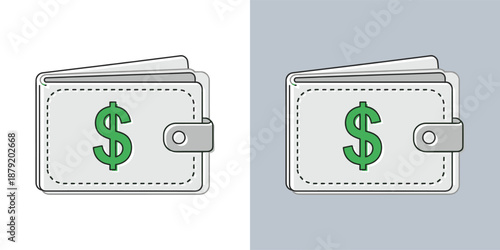 Illustration of a wallet with dollar sign on white and gray backgrounds from a front view