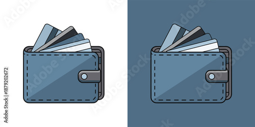 Illustration of a blue wallet with cards sticking out on different backgrounds