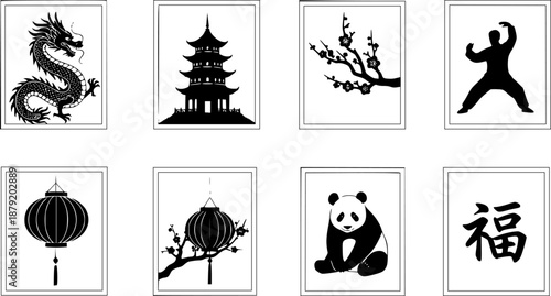 set black Chinese silhouettes, Empty frames for posters isolated
