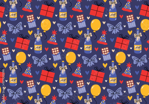 Cute seamless Birthday pattern. Party print with festive bows, gift boxes, party hats, bottles of champagne, chocolate bars, balloons, hearts. Wrapping paper decor. Making party paper, decoration.