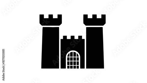 Vector illustration of a simple black castle icon with two towers and a fortified gate, on transparent background