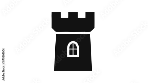 Vector illustration of a minimalist black castle tower icon with window, on transparent background