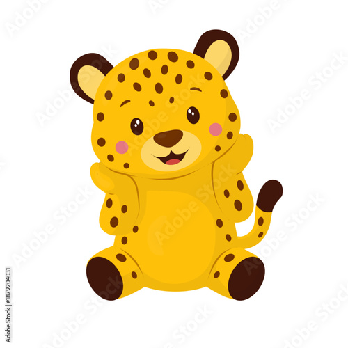 A cute leopard sits with its cheeks propped up on its paws and smiles. This children's illustration is in a flat vector style. The character is perfect for zoos, safaris, children's parties, birthdays