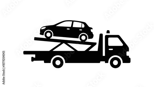 Vector illustration of a black tow truck icon with a car being transported, on transparent background