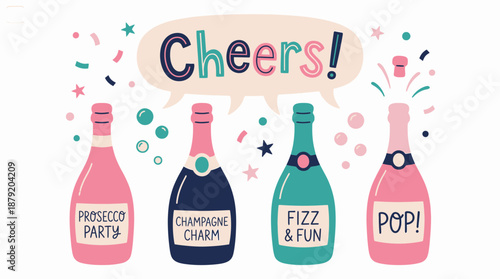 Cheers Celebration Champagne Bottles Vector Illustration