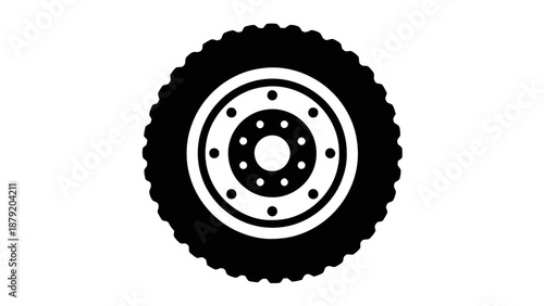 Vector illustration of a rugged vehicle tire with wheel rim icon, graphic element on transparent background