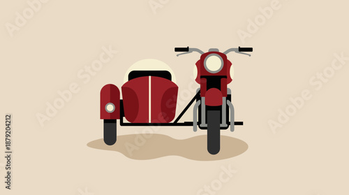 Classic Red Motorcycle with Sidecar Flat Design Illustration