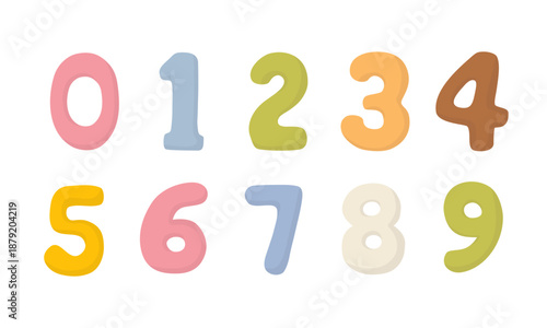 A set of colored numbers from zero to nine for birthday cards. Vector illustration in a flat style. This object represents children's numbers for design purposes and can be used in educational