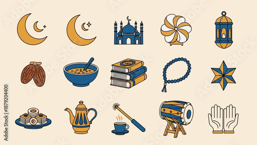 Islamic Ramadan icons and symbols set, featuring mosque, crescent moon, lantern, dates, prayer beads, book, drum, teapot, cup, and hands
