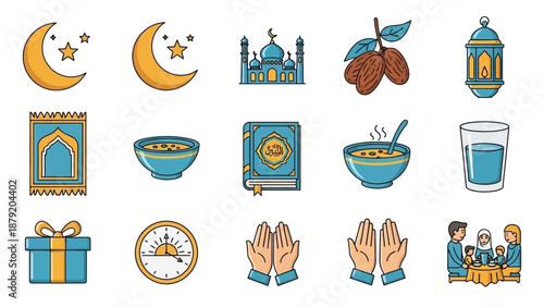 Colorful collection of Ramadan icons depicting Islamic traditions, elements of fasting, prayer, and celebration, including mosque, moon, dates, and family gathering for festive holy month