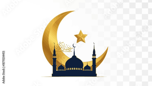 Golden crescent moon and star vector with a mosque silhouette, a beautiful emblem for Islamic celebrations, Ramadan Kareem, and Eid Mubarak greetings