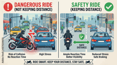 Motorcycle Safety Distance Infographic: Safe vs. Dangerous Riding