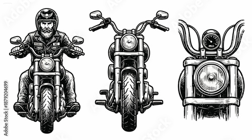 Vintage Biker and Motorcycle Illustrations Set (Woodcut Style)