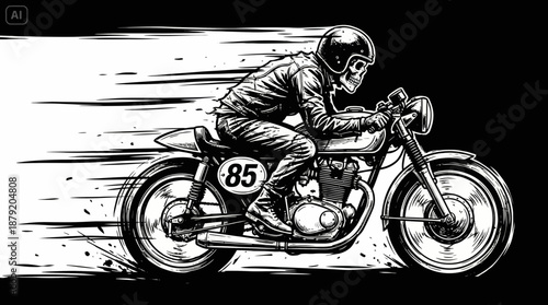 Skeleton Rider Speeding on Classic Cafe Racer Motorcycle Vector