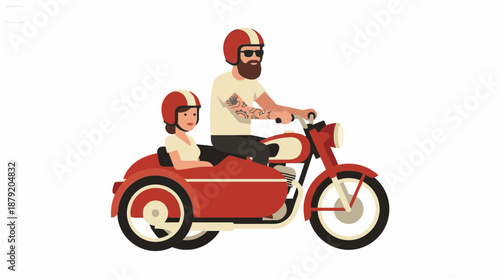 Hipster Couple Riding Motorcycle with Sidecar Vector Illustration