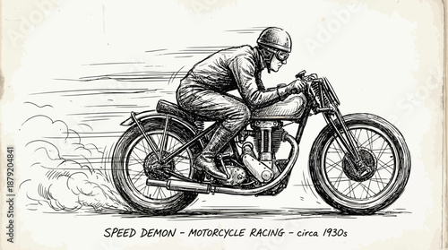 Classic 1930s Motorcycle Racer Speed Ink Drawing Illustration